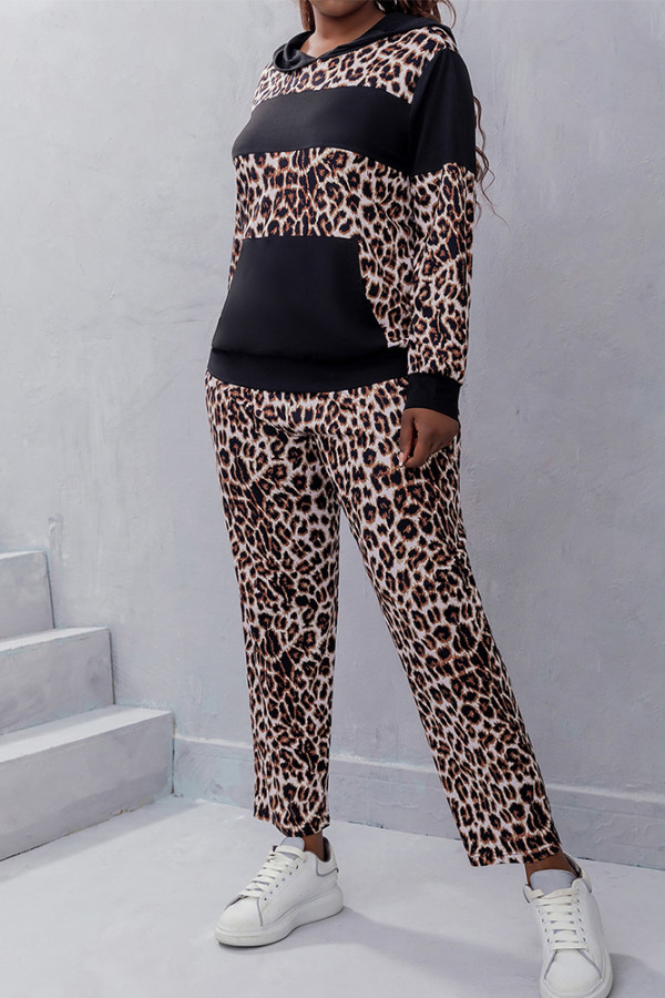 Color Block Leopard Pocketed Hoodies with Pants Plus Size 2pcs Set