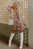 Sky Blue Floral V Neck Empire Waist Babydoll Dress