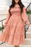 Orange Plus Size Floral Print Smocked Tiered Long Dress