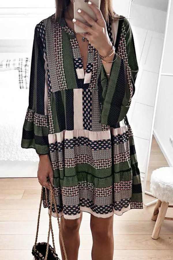 Green Geometric Print V neck Flare Half Sleeve Ruffle Swing Mini Dress