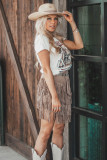 Brown Western Tiered Tassel High Waist Mini Skirt