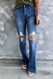 Blue High Waist Hollow-out Ripped Flare Jeans