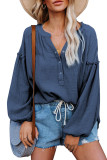 Blue Casual Balloon Sleeve Crinkled Top