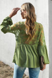 Green V Neckline Lace Shoulder Patchwork Blouse