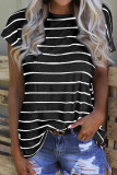 Stripe Black Leopard Printed Open Back Short Sleeve T Shirt