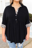 Black Plus Size Leopard Trim Frayed Babydoll Top