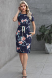 Blue Short Sleeve Pocketed Drawstring Casual Floral Dress