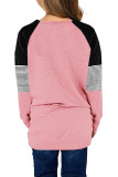 Pink Striped Colorblock Long Sleeve Girls Blouse with Pocket