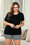 Black Plus Size Solid T-shirt and Striped Shorts Lounging Set
