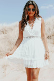 White Lace Crochet Flounce V Neck Sleeveless Mini Dress