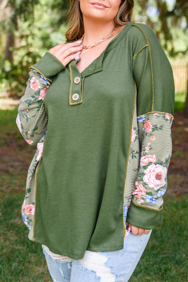 Green Plus Size Floral Patchwork Henley Top