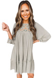 Gray Floral Embroidered Long Sleeve Babydoll Mini Dress