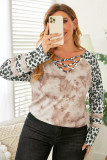 Crisscross Neck Leopard Sleeve Tie-dye Plus Size Top