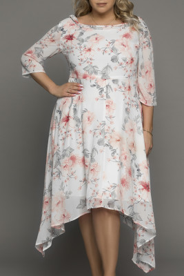 White Plus Size Crewneck Half Sleeve Floral Midi Dress