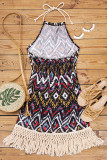 Aztec Geometric Open Back Halter Tassel Edge Mini Dress