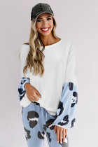Sky Blue Leopard Splicing Waffle Knit Puff Sleeve Blouse