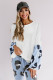 Sky Blue Leopard Splicing Waffle Knit Puff Sleeve Blouse
