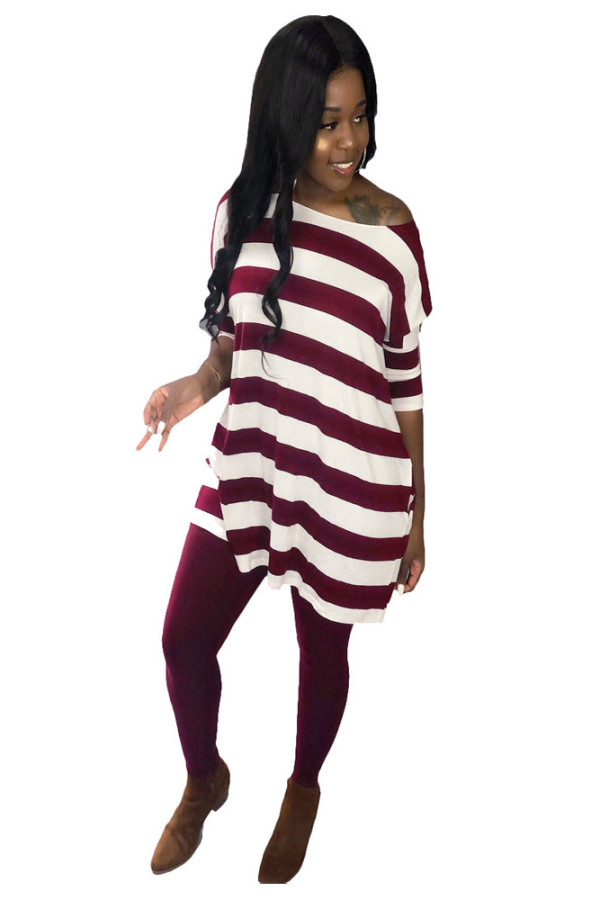 Wine Red Ladies Striped Long Sleeve Swing Tunic Tops Loose Comfy Super Long T Shirt