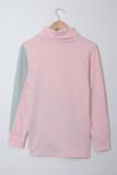 Pink Turtle Neck Sloping Color Block Long Sleeve Top