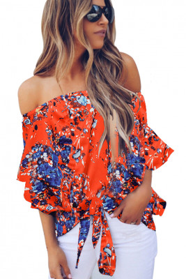 Orange Off Shoulder Floral Tie Front High Low Chiffon Blouse