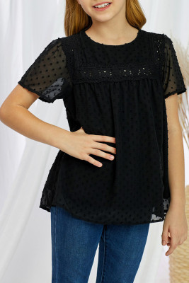 Black Swiss Dot Print Hollow Out Girl's T-shirt