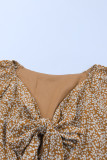 Brown Floral Print Front Tie Ruffled Long Sleeve Blouse