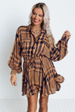 Orange Plaid Print Pocketed Drawstring High Waist Mini Dress