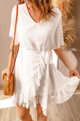 White Swiss Dot Ruffle Hem Short Dress