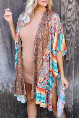Multicolor Vintage Paisley Floral Serape Ruffled Cardigan with Slits