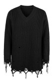 Ripped Raw Edge V Neck Plain Knit Sweaters