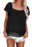 Black Lace Pom Pom Splicing Square Neck Blouse