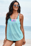 Sky Blue Printed Splicing Racerback Tankini