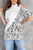 White Asymmetric Cold Shoulder Mock Neck Leopard Colorblock Top