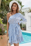 Ruffled Single Sleeve Printed Dress with Belt