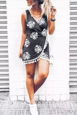 Black Palm Leaves Print Tassel Wrap V-Neck Mini Dress