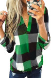 Green Contrast Plaid V Neck Long Sleeve Top