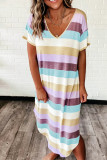Striped Color Block V Neck T Shirt Midi Dress