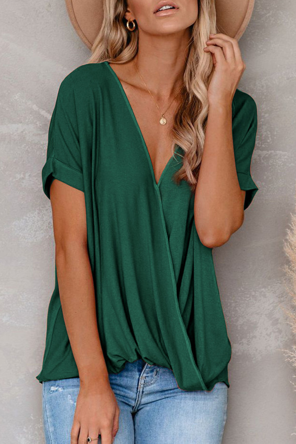 Green Short Sleeves Drape Knit Top