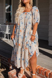 White Floral Print Puff Sleeve Square Neck Plus Size Dress