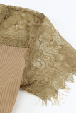 Khaki Lace Sleeve Ribbed Bodycon Dress