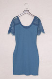 Blue Lace Sleeve Ribbed Bodycon Dress