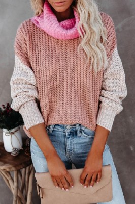 Pink High Neck Stitching Knitted Sweater