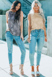 Khaki Tie Dye Print Seamed Crew Neck Tank Top