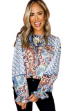 Sky Blue Mixed Floral Geometric Print Ruffled Long Sleeve Blouse