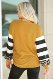Yellow V Neck Leopard Stripe Splice Lantern Sleeve Top