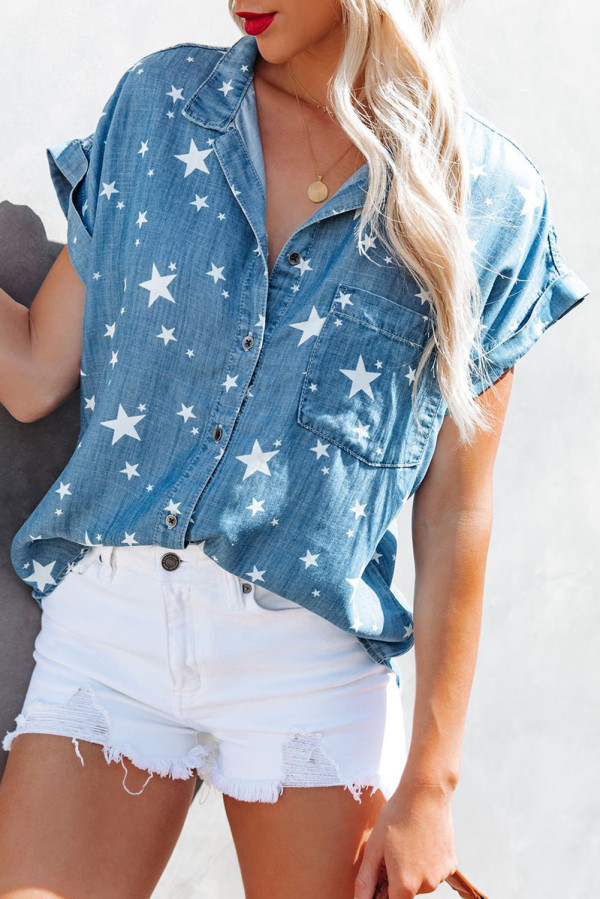 Sky Blue Star Print Chambray Short Sleeve Shirt