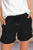 Black Elastic Waistband Pocket Drawstring Shorts with Button