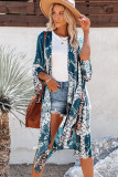 Pattern Print Open Front Kimono with Side Slit