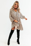 Khaki Leopard Print Ruffled V Neck Long Sleeve Mini Dress