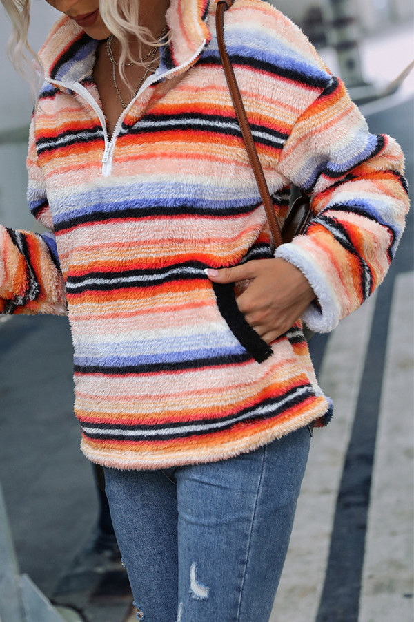 Zipper Down Colorful Striped Kangaroo Pocket Sweatshirts